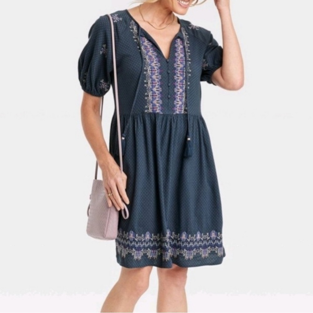 Knox Rose Womens XS Boho Dress Knee Length Short Sleeve Blue Cottage Core